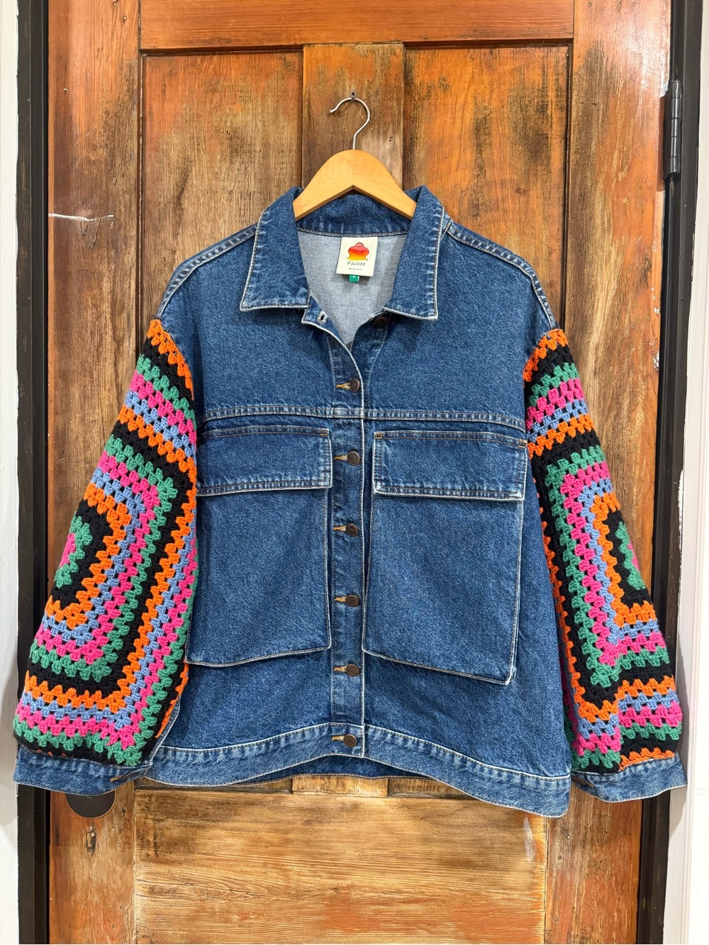 FARM Rio Blue Denim Jacket with Multicolor Crochet Sleeves